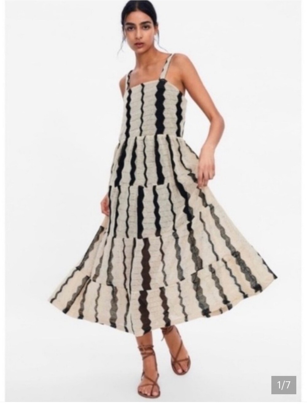 Zara Black & Ecru Open-Knit Chevron Tiered Maxi Dress S